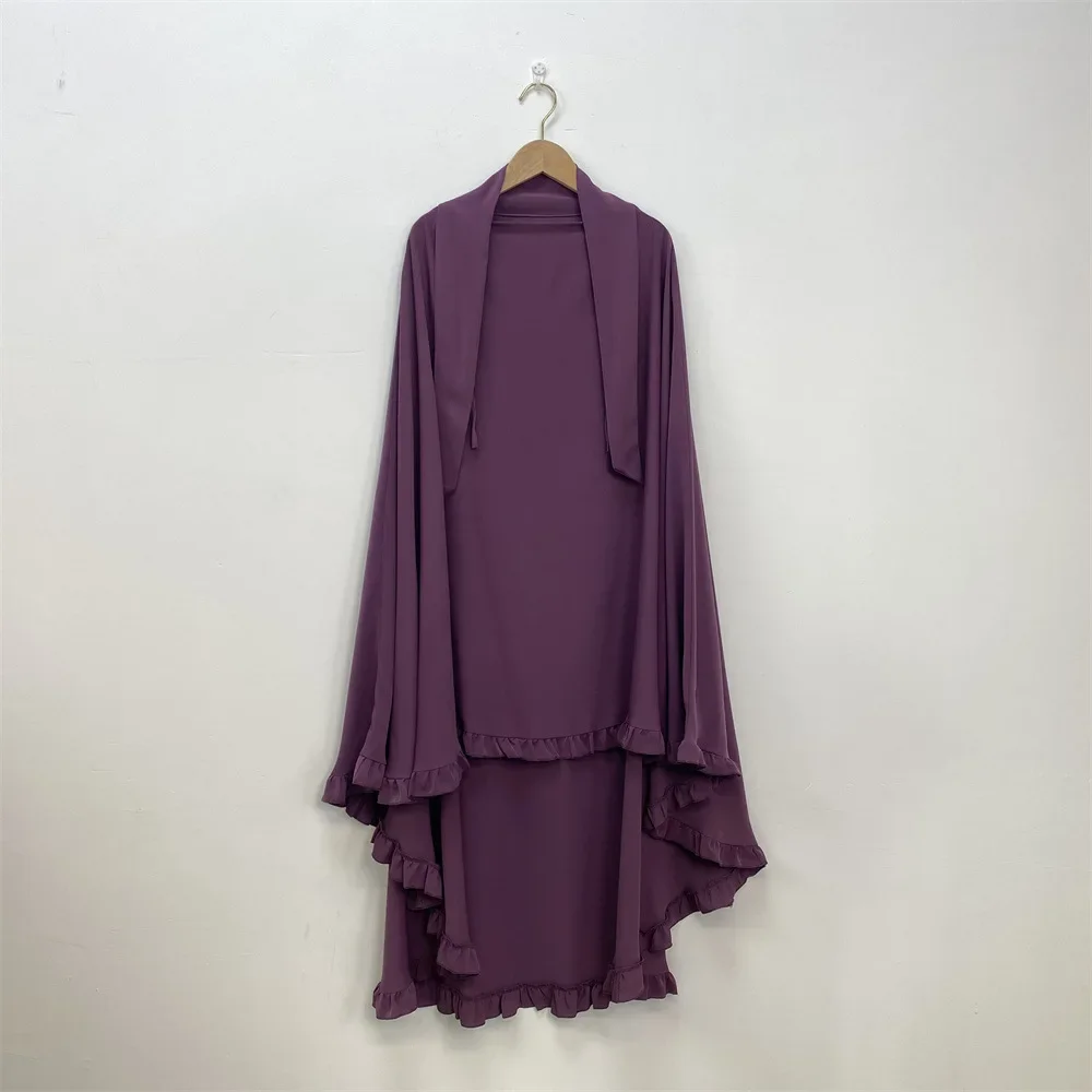 2025 Eid Ruffle Women Abaya Kimono Traditional Muslim Clothing Prayer Scarf Burqa Khimar One Layer Nida Crepe Niqab Hijab Nikab
