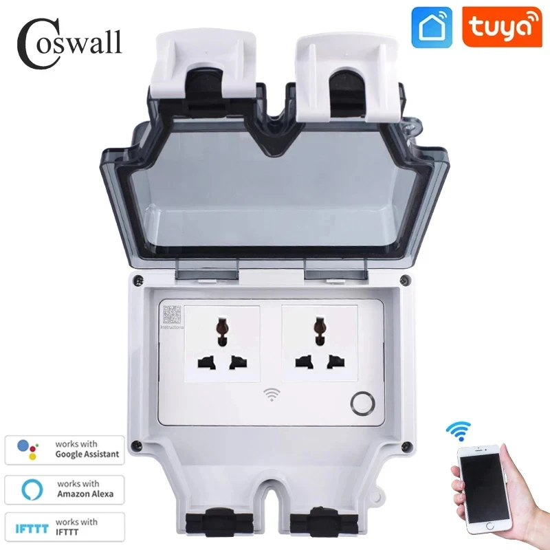 Coswall Tuya Wifi Voice Control IP66 Waterproof 13A Universal 3 Pin Socket Timer Switch Programmable Work With Alexa Google Home