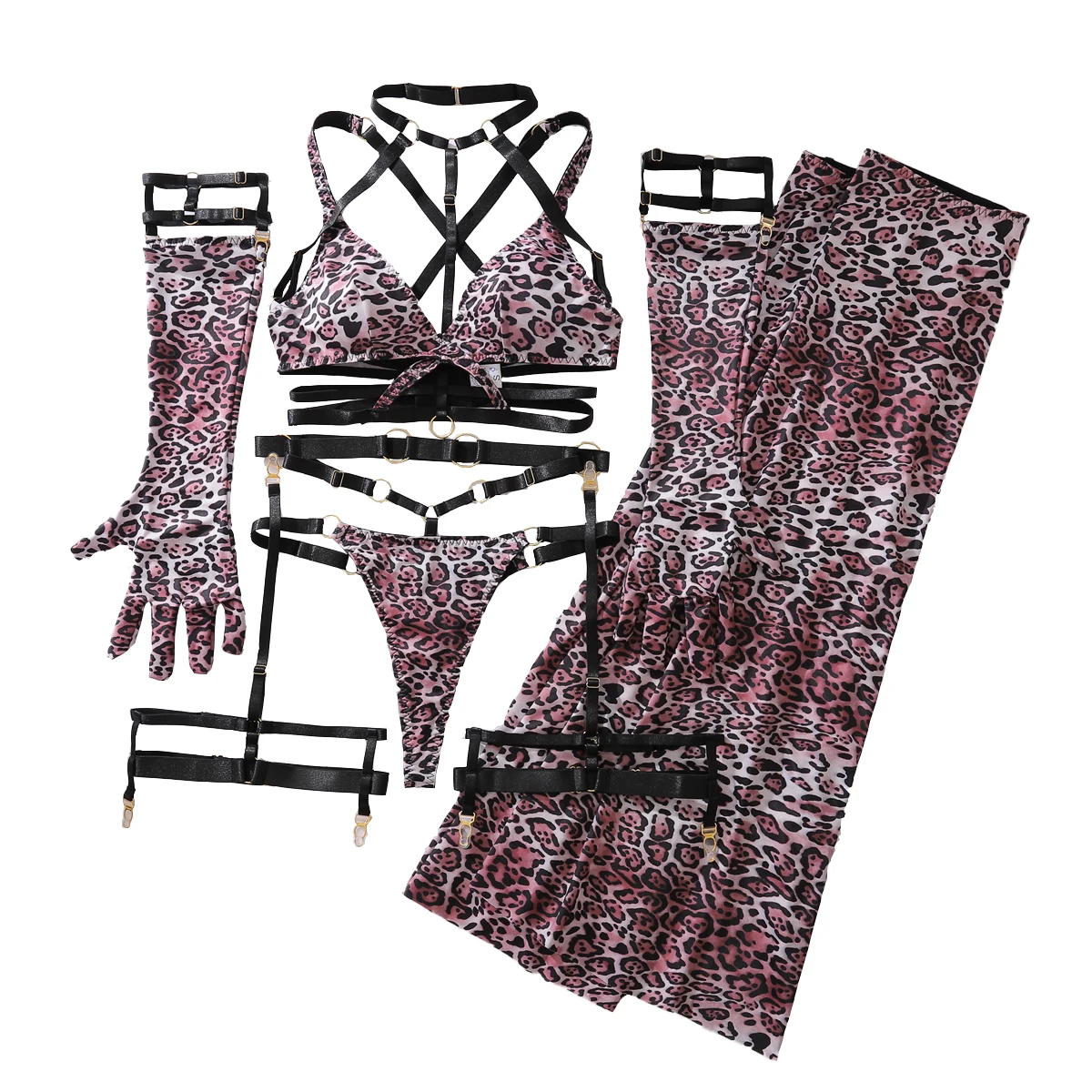 2026 Fashion Leopard Pattern Heavy Industry Complex Strap Hollow Uniform Body Shaping Sexy Underwear Split Set
