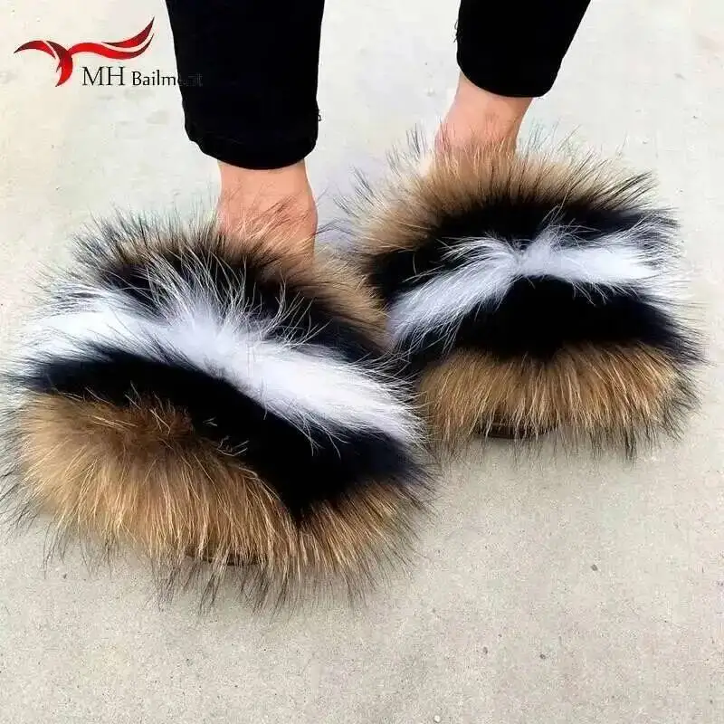 Women Summer New Real Fox Fur Fuzzy Slippers Indoor Outdoor Fashion Furry Flat Slides Raccoon Fur Beach Fashion House Shoes
