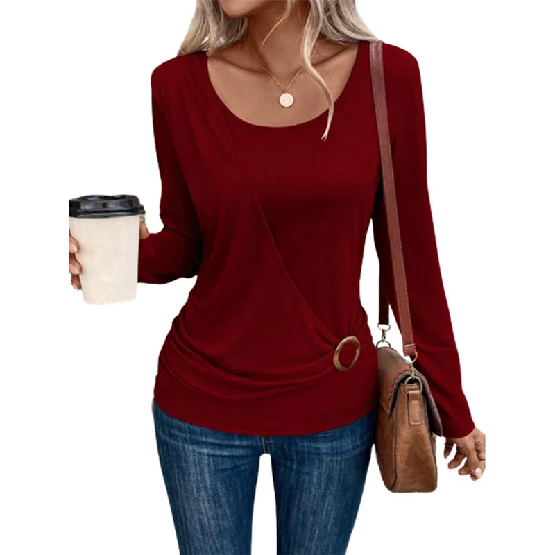 Fashion Elegant Solid Color Women T-Shirt Chic Circle Decoration Hem Tees Casual Female Autumn Winter Long Sleeve Slim Fit Tops