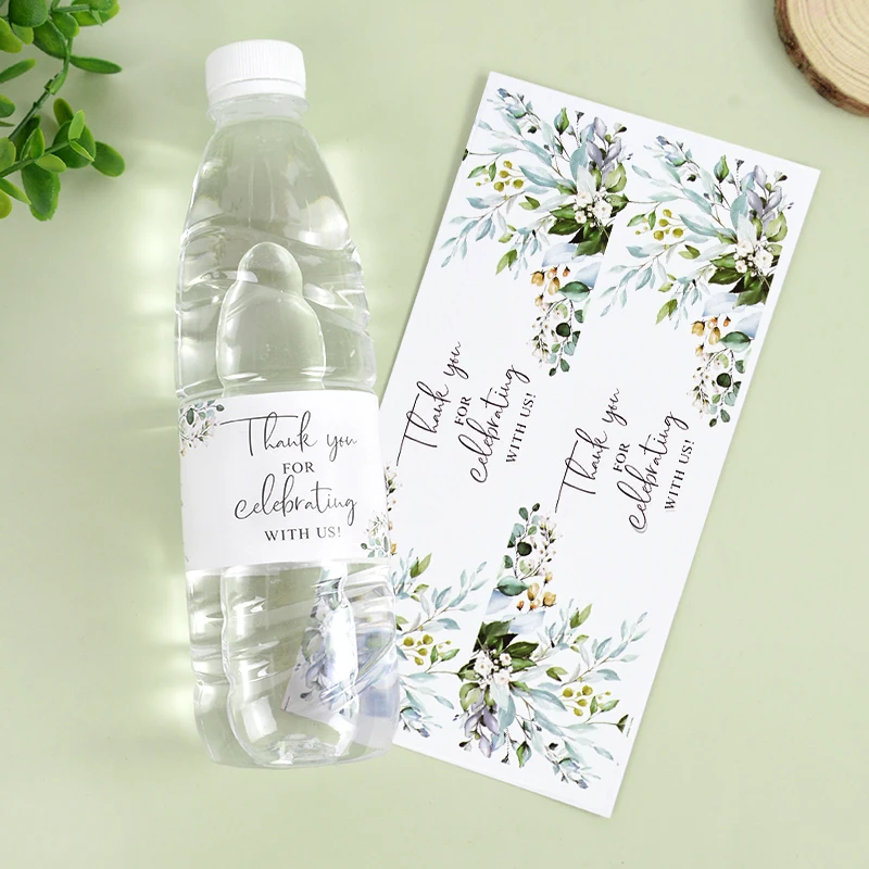 

30Pcs Water Bottle Stickers Green Floral Bottle Label Stickers Birthday Baptism Gift Box Hang Tags Paper Cards Wedding DIY Decor