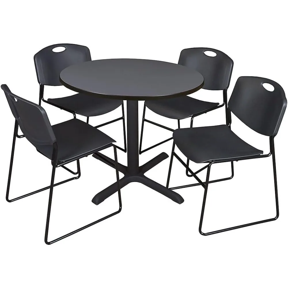 

42 Inch Grey Round Breakroom Table with 4 Stackable Black Chairs