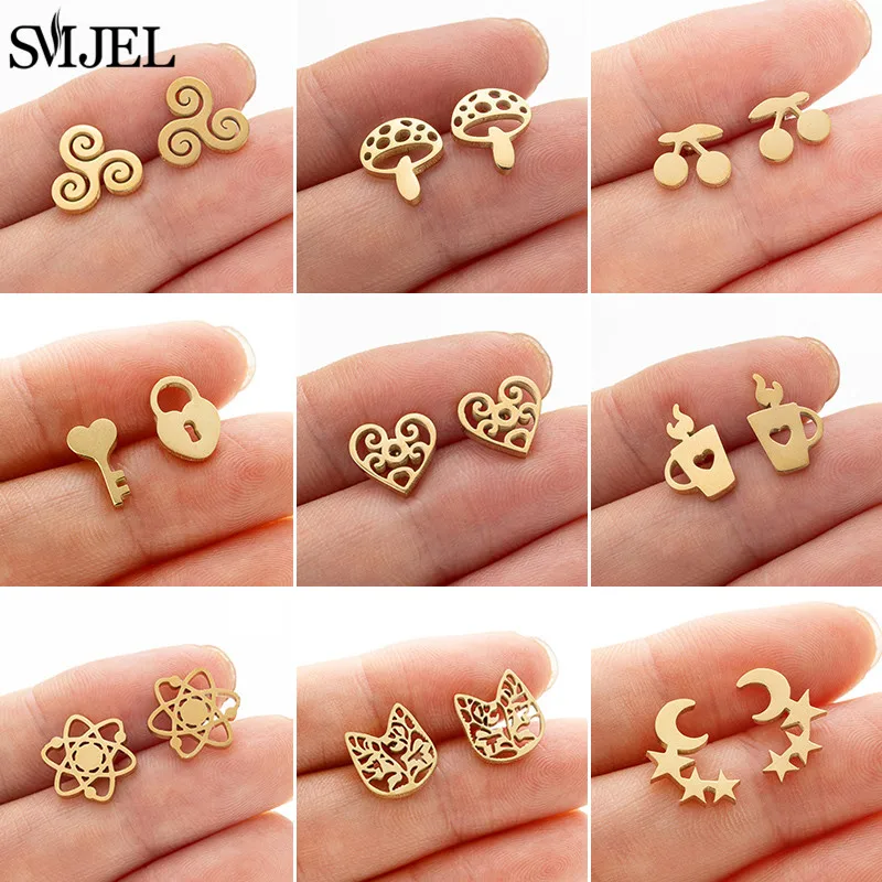 SMJEL Golden Korean Minimalist Stainless Steel Stud Earrings for Women Fashion 2024 Jewelry Cherry Mushroom Key Lock Studs Gift