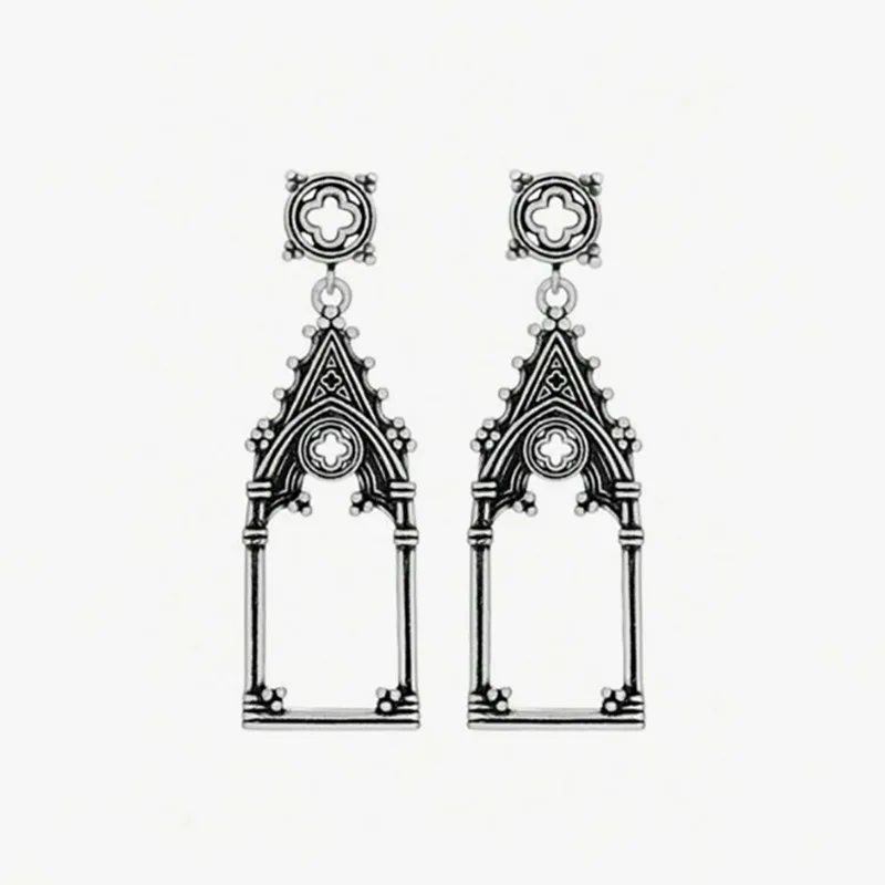 Vintage Cathedral Spire Architecture Hollowed Out Gothic Copper Antique Silver Color Women's Dangle Earrings