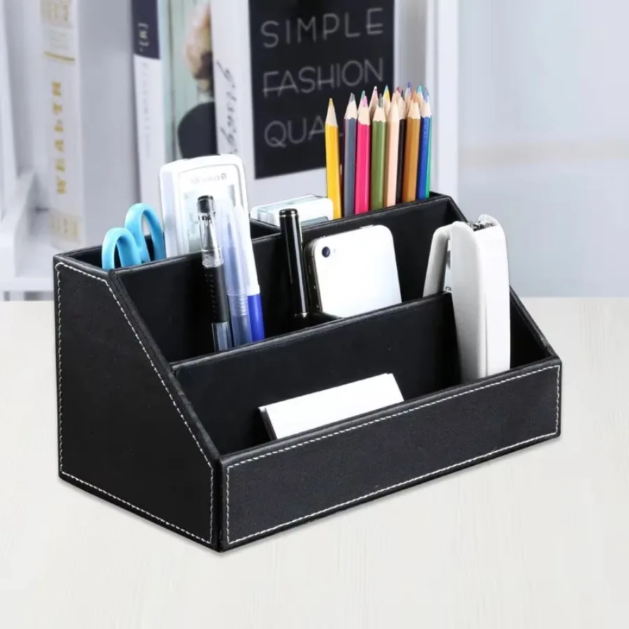 PU Leather Remote Control Holder Desktop Organizer Storage Box for TV Guide Mail Phone Office Sorting Lattice Cosmetic Pens Rack