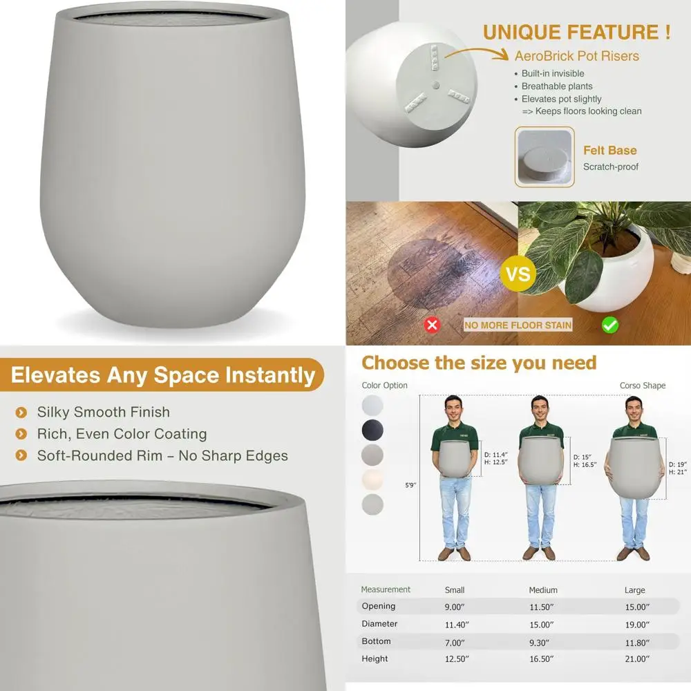 

Round Tapered Fiberstone Planter 12.5 High x 11.4 Diameter with Drainage, Smooth Finish, Weatherproof for Indoor & Outdoor Use