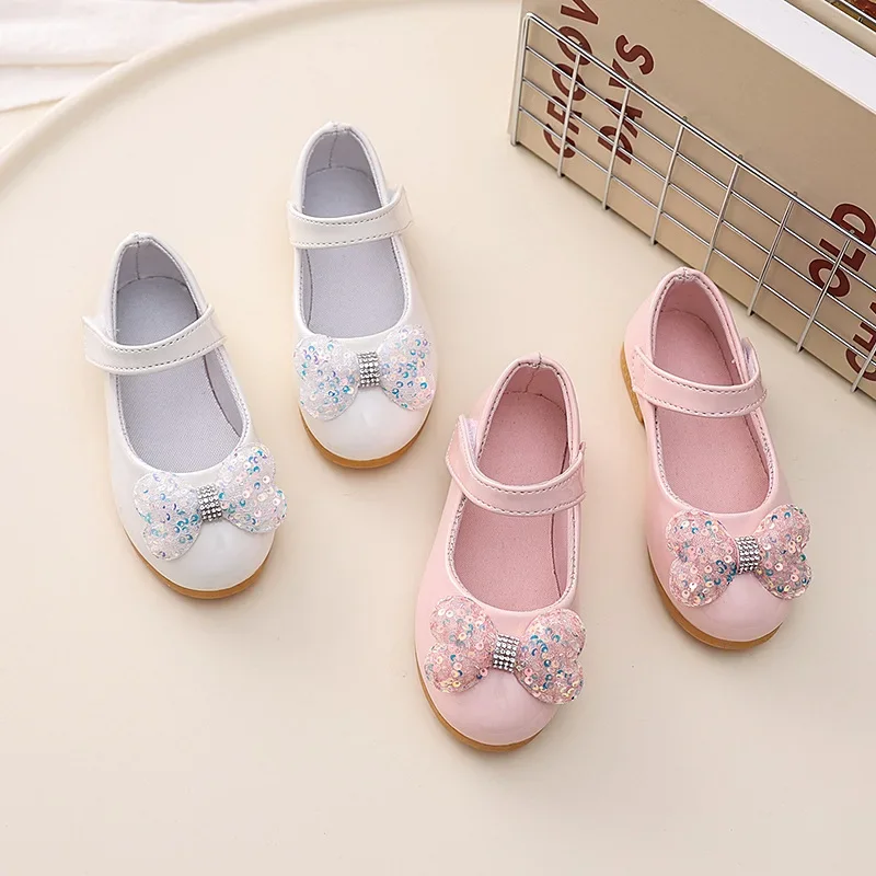

Children Princess Shoes Trend Wedding Versatile White Girls School Performance Flat Shoes Fashion Bow Kids Party Leather Shoes