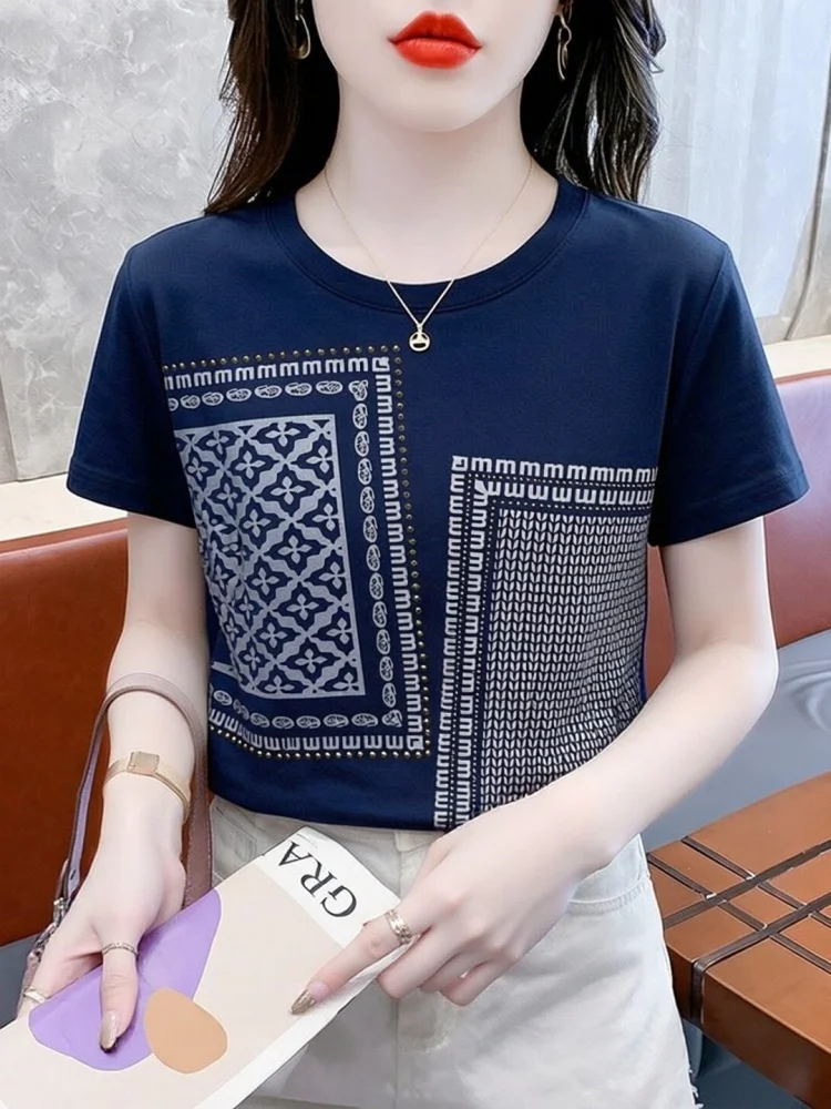 Loose Fit Short Sleeve T-Shirt Women's Summer New Style Deep Blue Shoulder Width Standard Korean Version round Neck Top