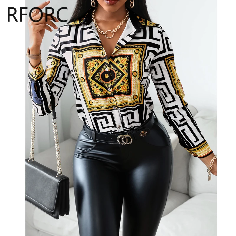 2024 Women Long Sleeves Vintage Pattern Turn Down Neck Casual Blouse Shirt Top