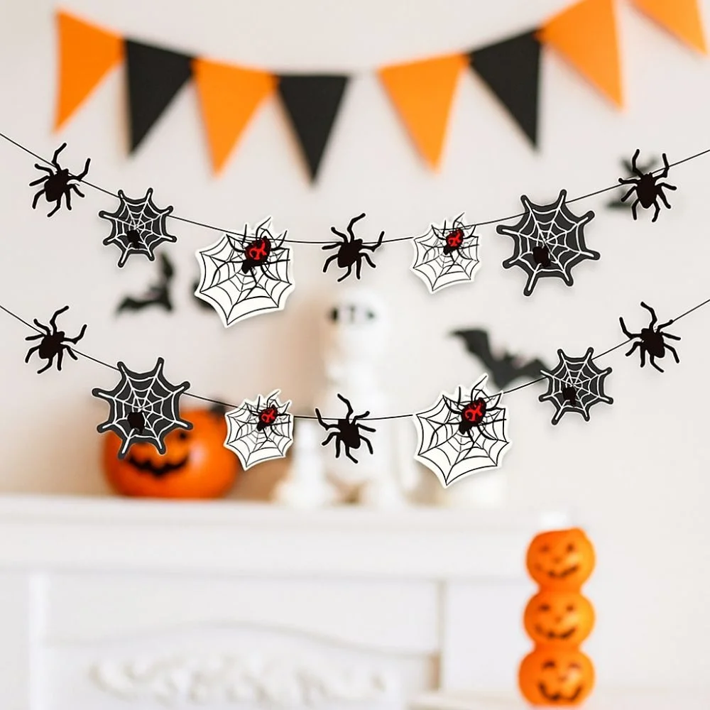 

Scene Decoration Scary Halloween Spider Banner Paper Black Spider Web Hanging Flag Funny Happy Halloween Decoration Festive