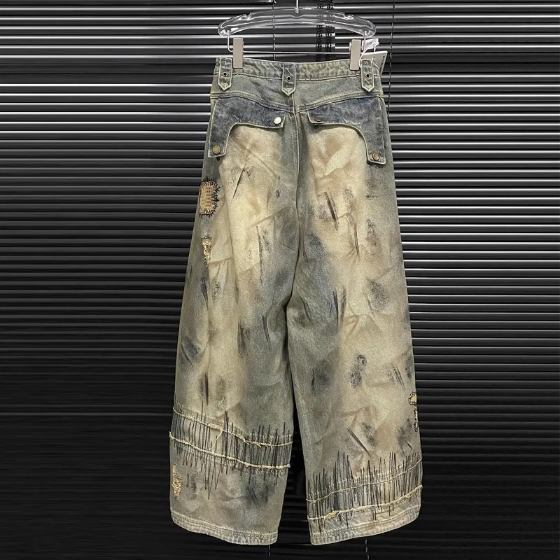 KBQ ضرب اللون شيك التطريز السراويل فضفاضة للنساء عالية الخصر تقسم جيوب تصميم تحسس الانحناء سكين بنطلون أنثى الموضة