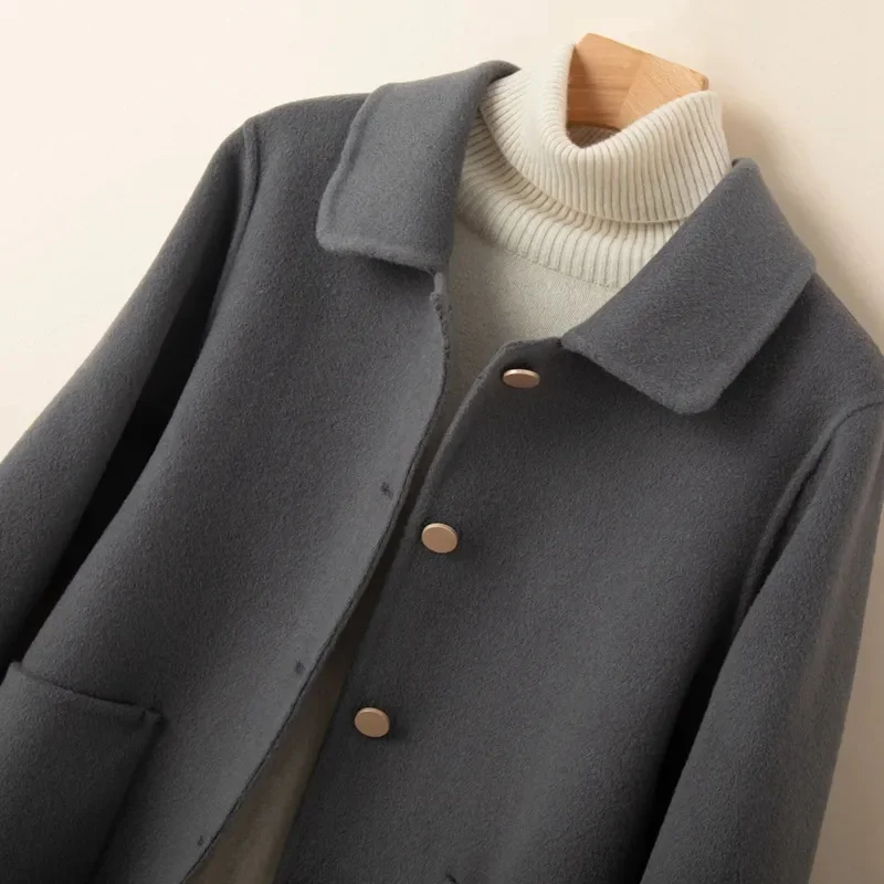 Wełniany płaszcz damski 202s zimowy prosty kołnierz okrągły jednorzędowy wysokiej jakości odzież damska