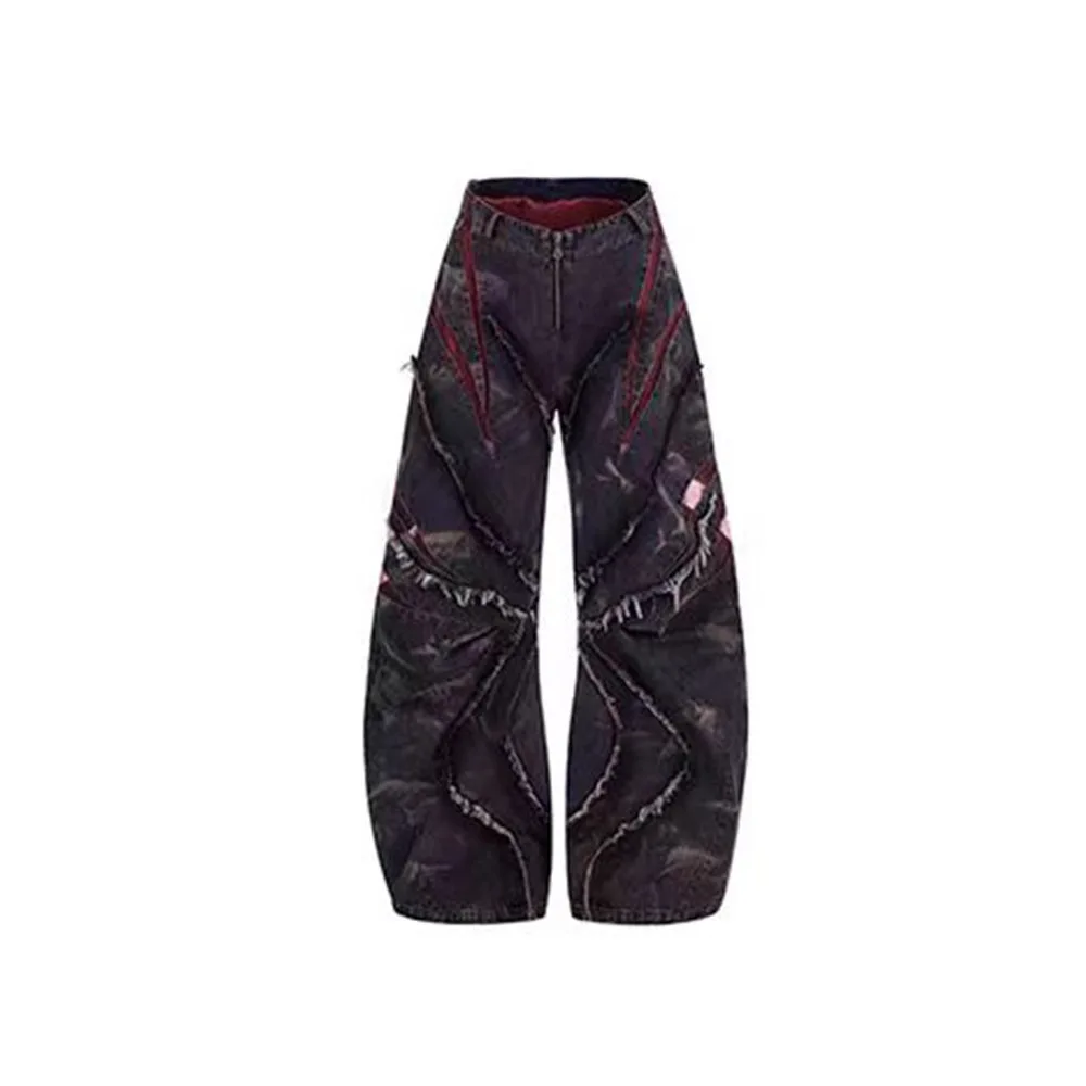 High Street Heavy Industry Stir Fried Snowflake Curved Knife Jeans Pants Men in Spring with Stitch Mesh Wide Leg Denim Pants