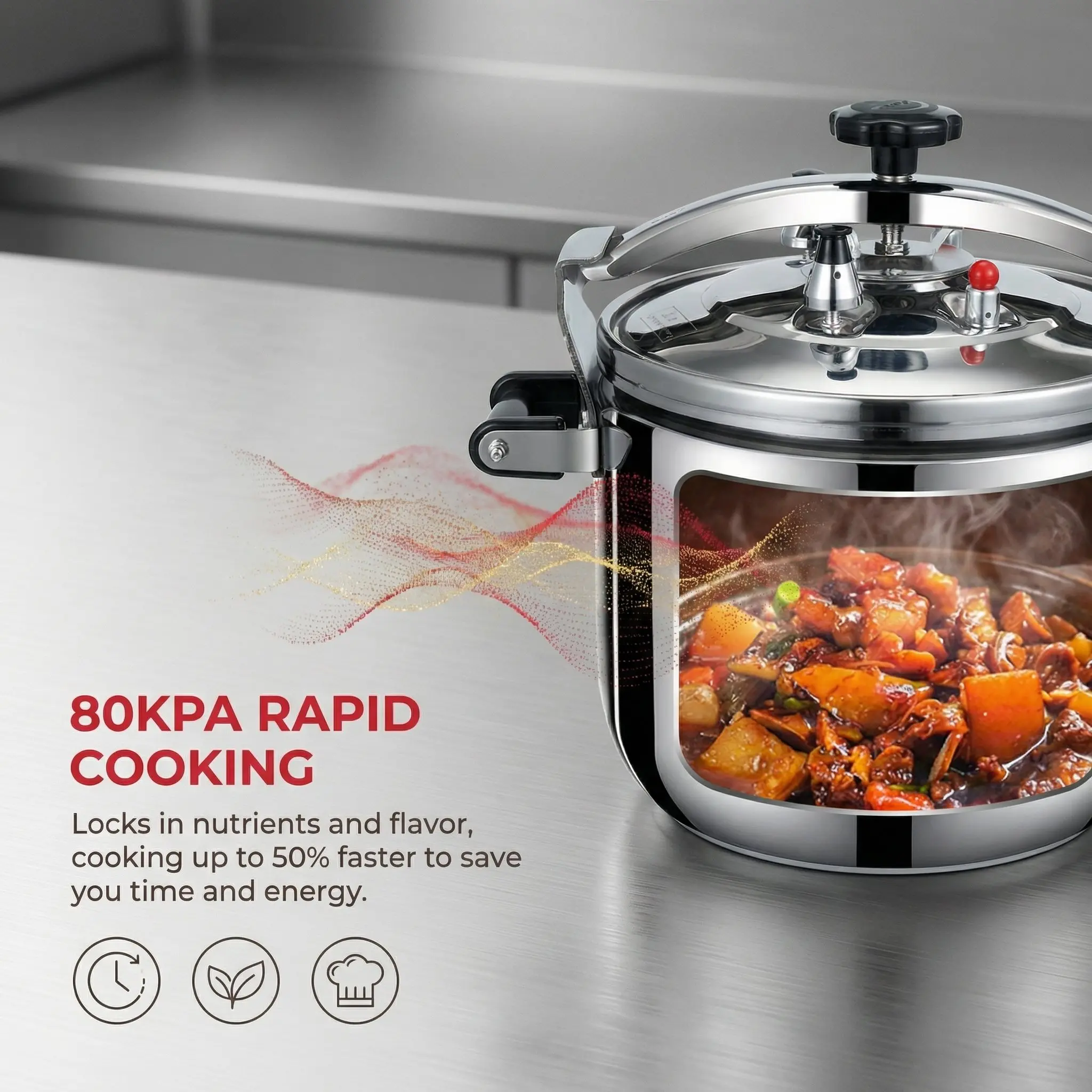 Heavy Duty 80L Stainless Steel Pressure Cooker, Commercial Grade for Restaurant, Cafeteria, Bulk Cooking, Easy to Clean
