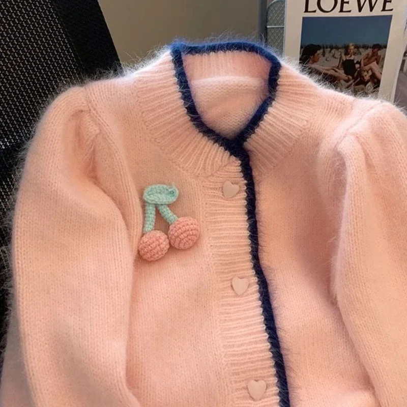 Pink Cardigan Women Sweaters Spring 3D Decorate Sweet Girls Kawaii Clothes Gentle Cozy Knit Vintage Korean Fashion Clothing New