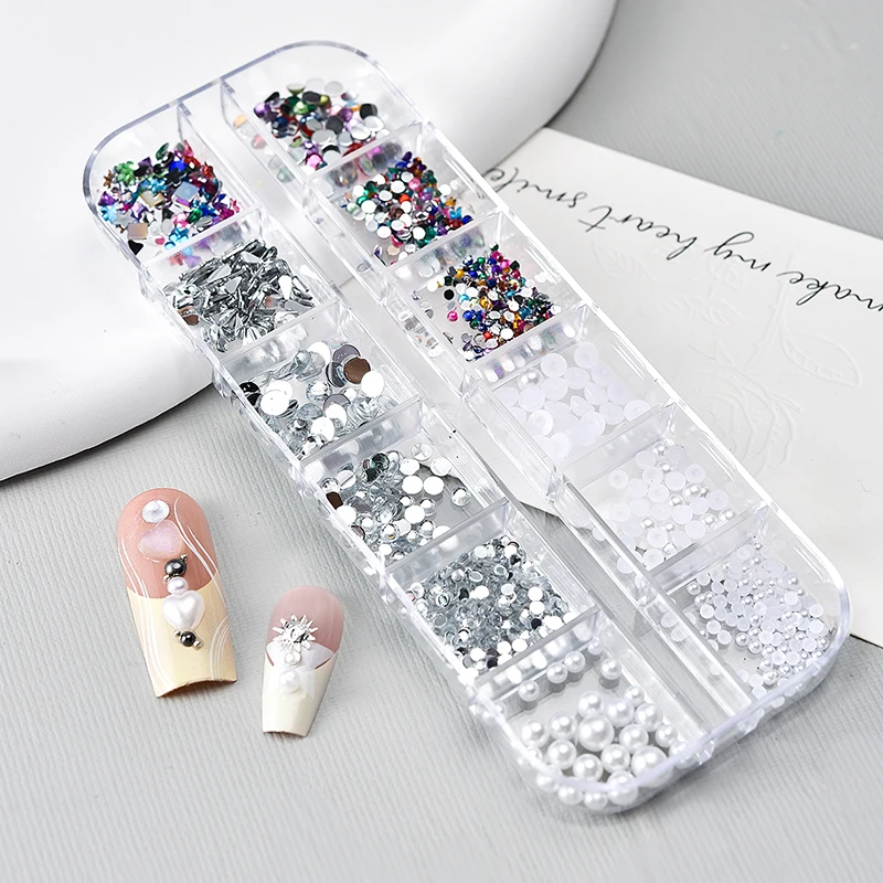 12 rejillas/caja de cuentas de Caviar semicirculares doradas y plateadas, dijes para uñas de 1/2/3/5mm, cuentas redondas de acero con parte posterior plana para uñas, Micro bola para manicura