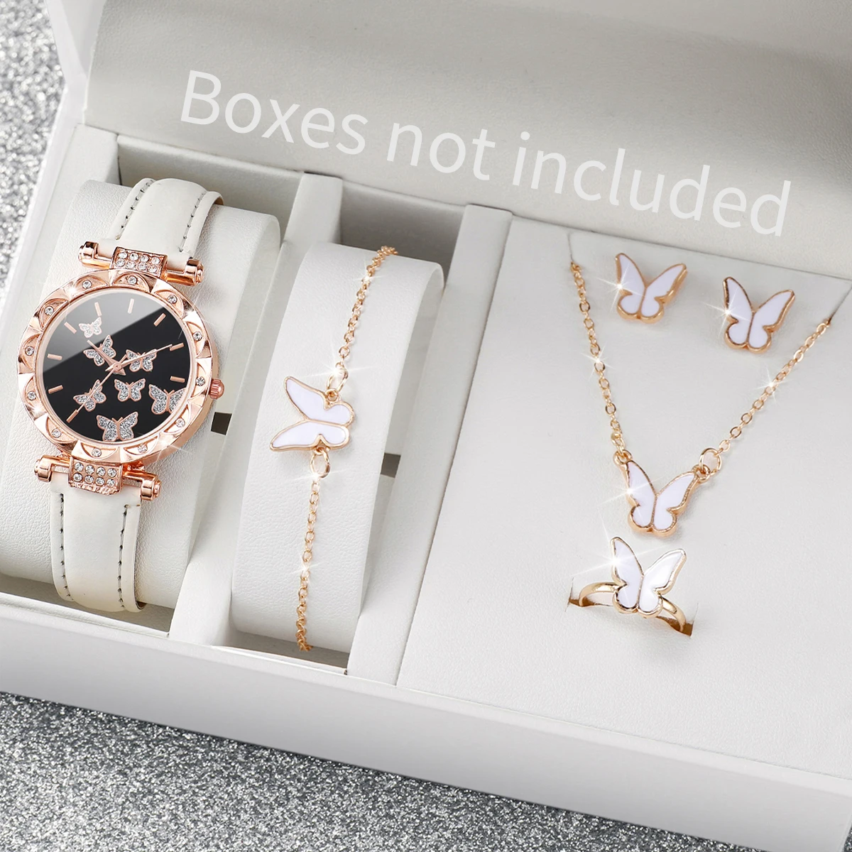 6pcs/Set Women's Watch Minimalist Butterfly Jewelry Set Academy Style Leather Quartz Watch