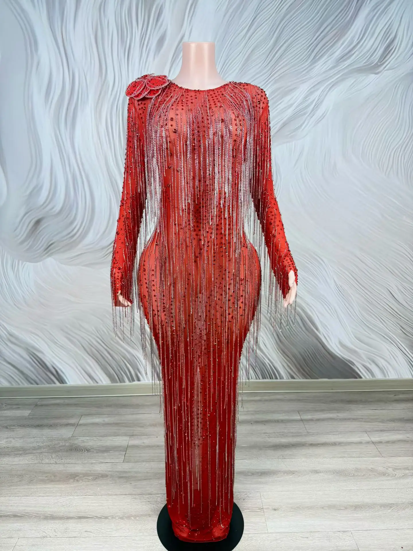 

Hongdou Women Red Rhinestone Fringe Mermaid Evening Dress Long Sleeve with Flower Detail Formal Prom Party Gown