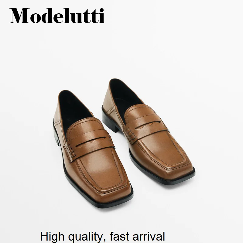 

New Autumn 2023 Fashion Woman Vintage Genuine Leather Square Head Commute Loafers Wild Simple Casual Shoes Female