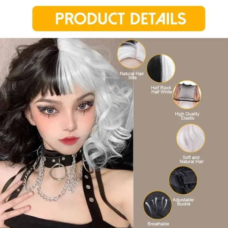 Cruella Black and White Color Wave Mid-length Hair 12 Inch with Bangs Forcosplay Hollween Party Daily Wear Give A Very Good Gift