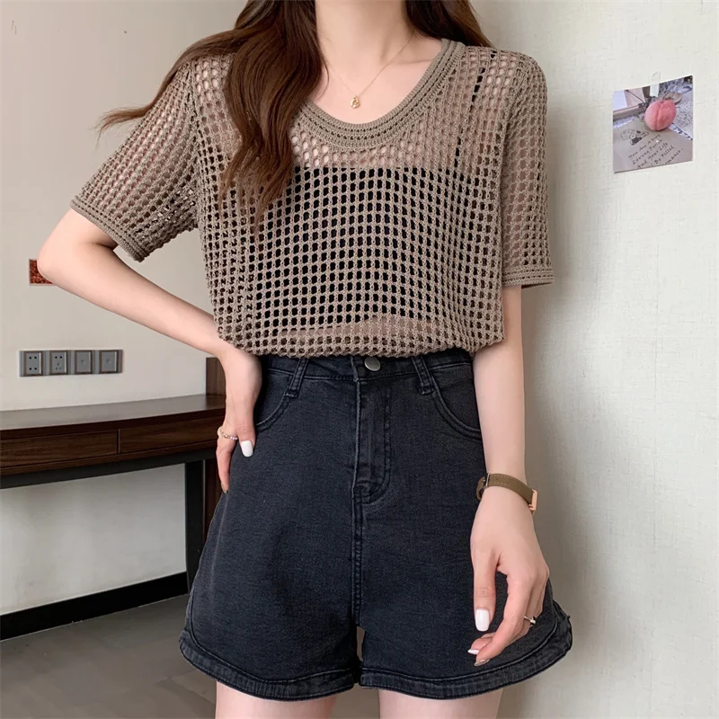 ITOOLIN Casual For Women Beach Slim Tops O-Neck Summer Sexy Hollow Out Knitting Shirt For Women Knit T-shirt Spring Summer 2024