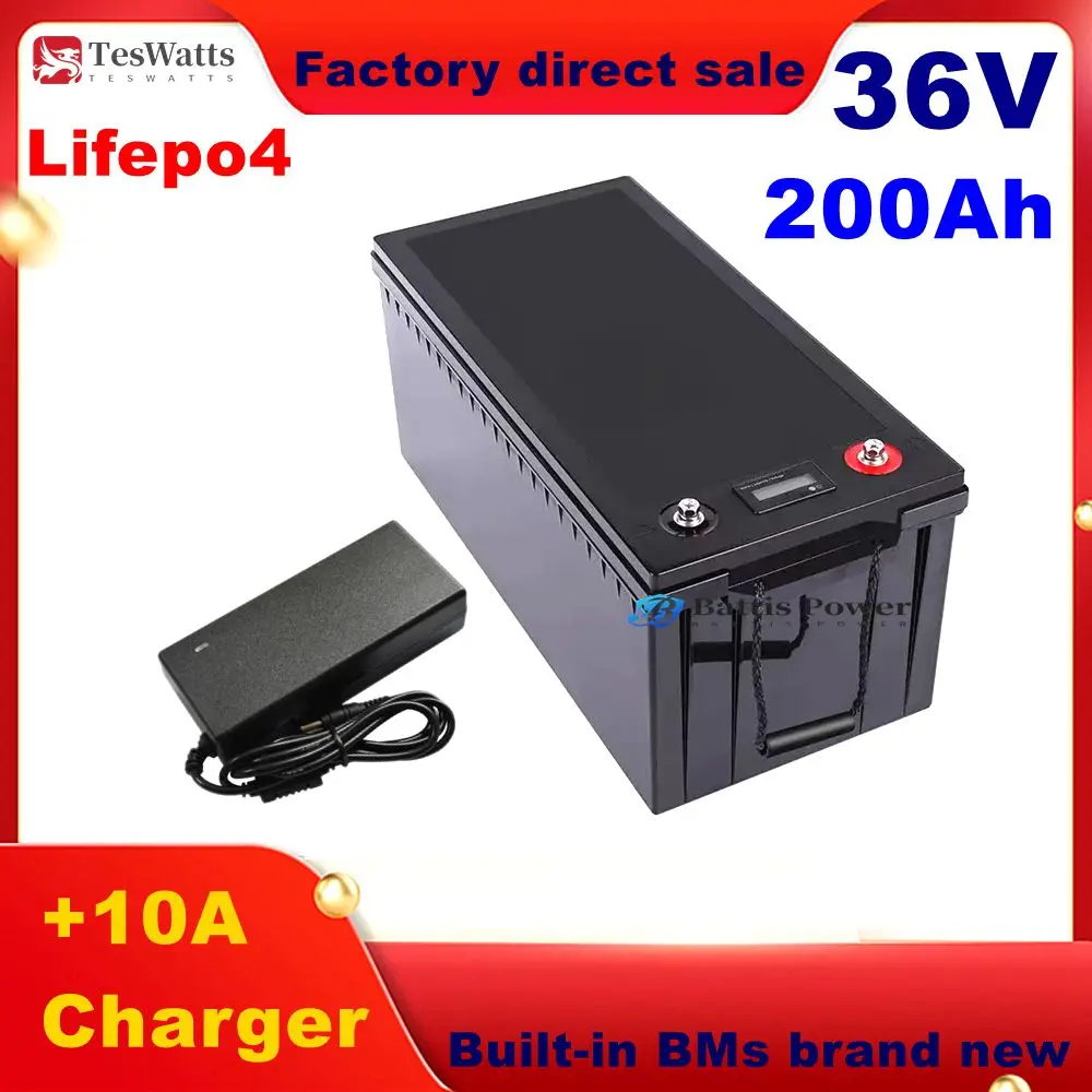 Batterie Lithium-Ion Étanche 36V, 200Ah, 100A, BMS, Films, pour Scooter 3000W, 1500W, Vélo, Massage Solaire, EV, avec Chargeur 1