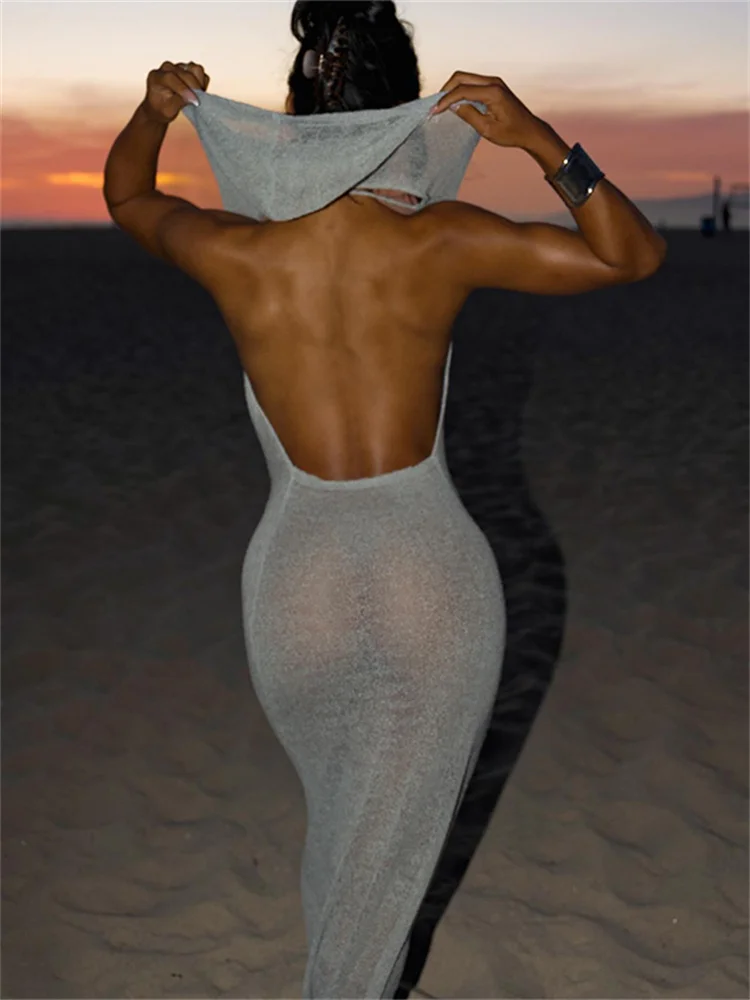 แปลก Puss Hooded ผู้หญิง Maxi ชุดแกว่งคอ Sheer เซ็กซี่น่าสนใจ Backless Body-shaping วันหยุด Coeuqtte Bodycon Vestidos