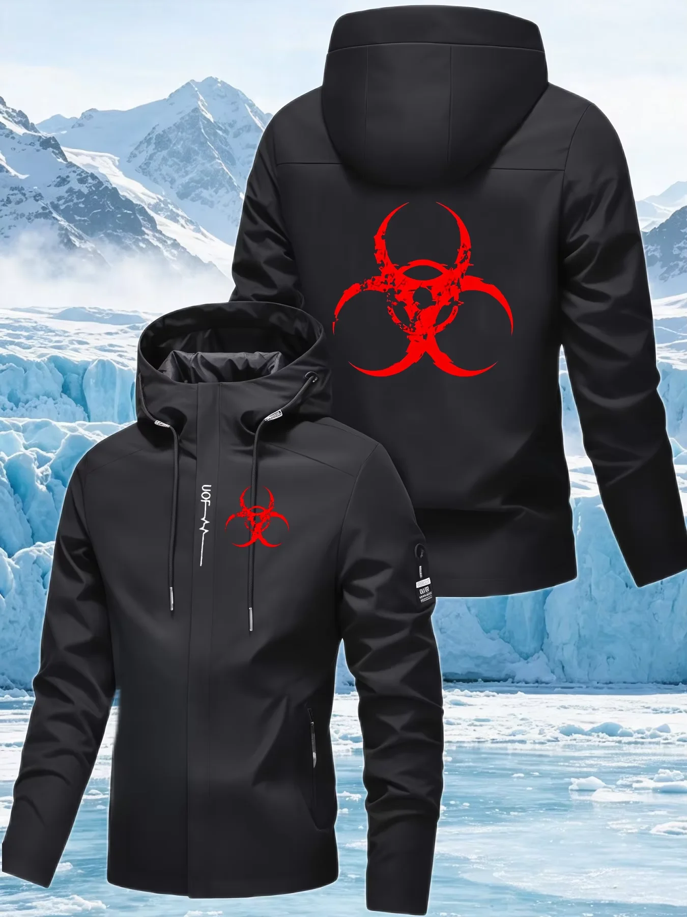 Men classic logo printed zipper design hooded jacket for spring and autumn new style outdoor mountaineering sports pocket jacket