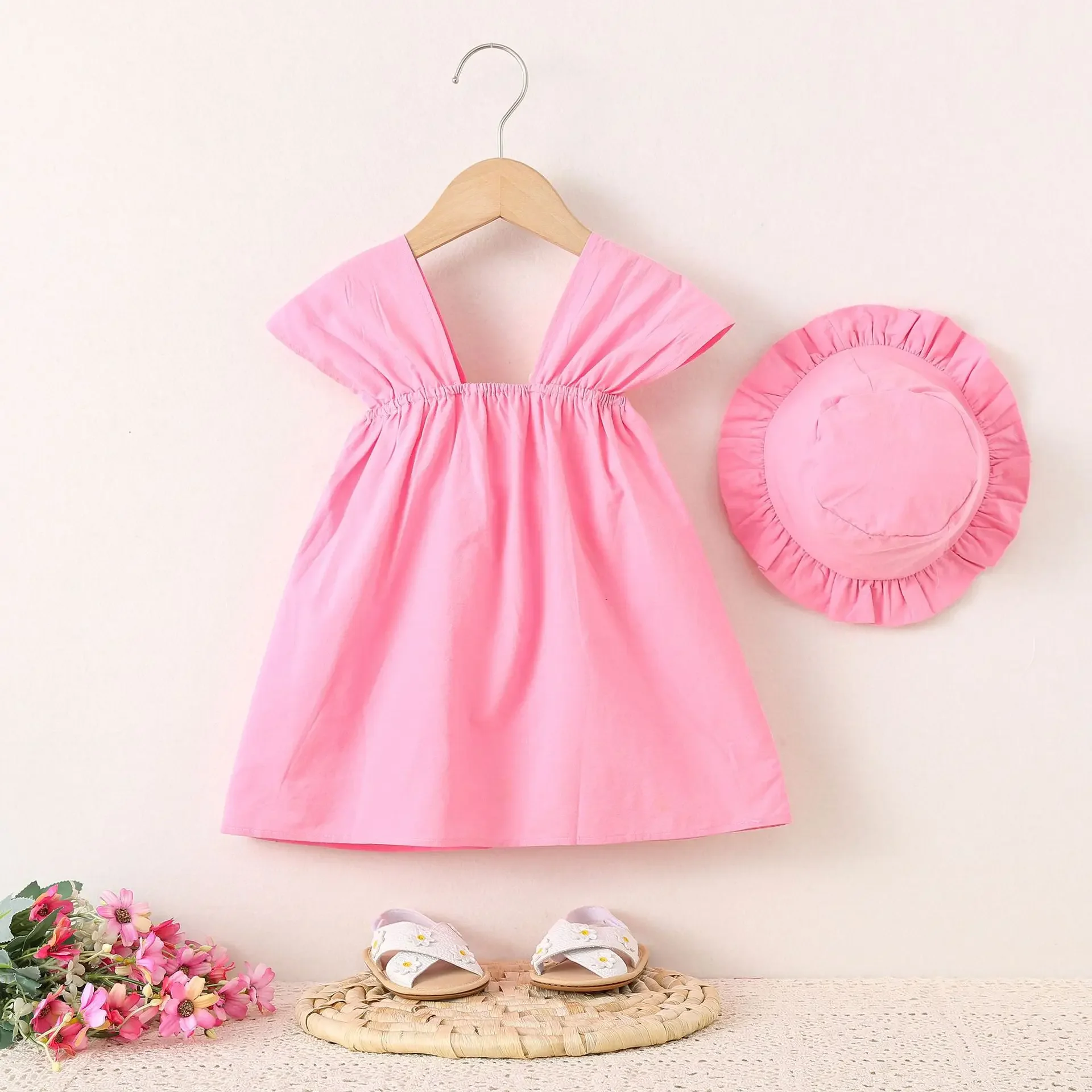 Summer Baby Girls Dresses Korean Fashion Cute Flowers Sleeveless Cotton Little Princess Dress+Hat Boutique Kids Clothing BC1592