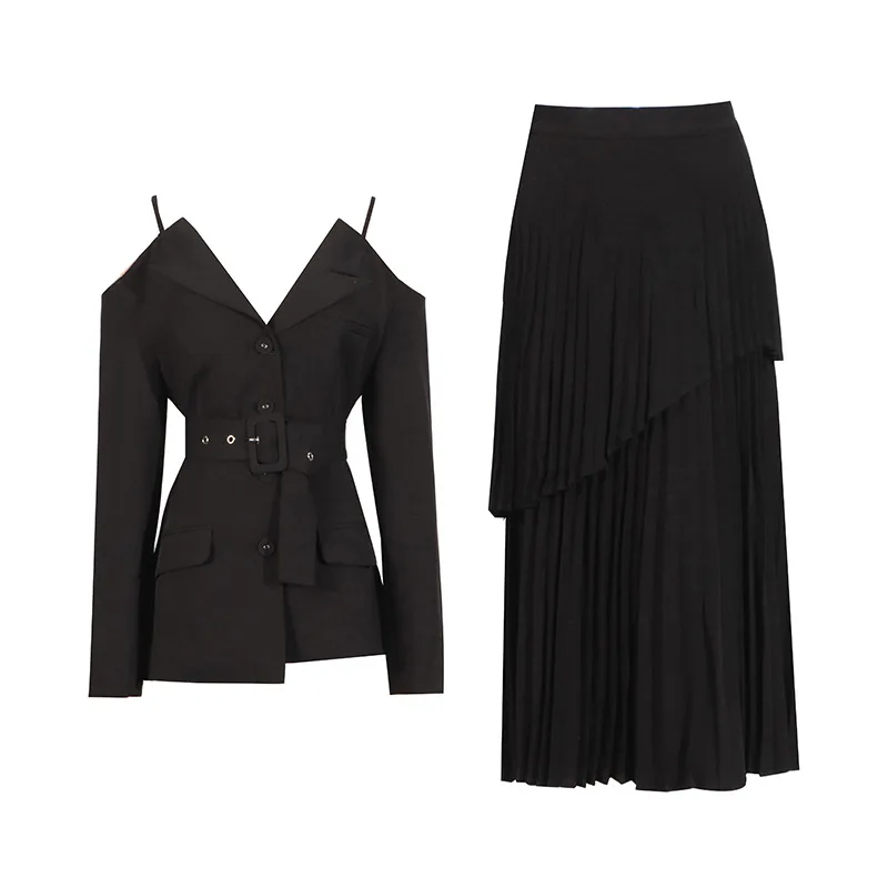 ZAMOR HIGH STREET Runway Minimalist Off-Shoulder Cami Top and High-Waist Pleated Skirt Two-Piece Set Women 2026