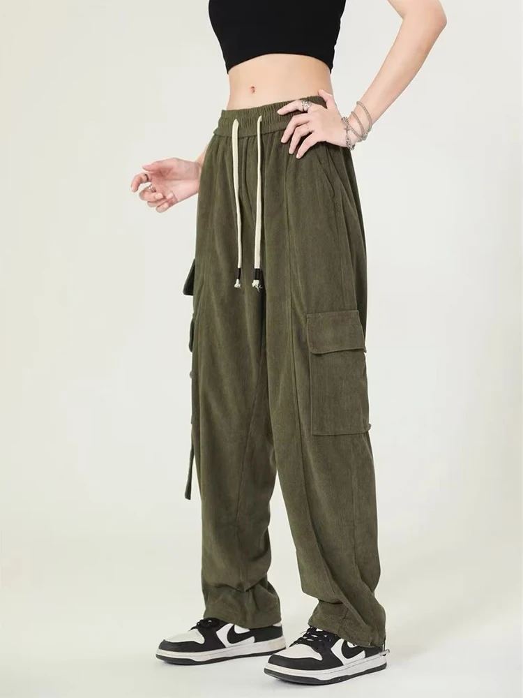 

HOUZHOU Corduroy Cargo Pants Women Oversize Wide Leg Cargo Trousers Female Streetwear Hip Hop Harajuku Loose Japanese Vintage