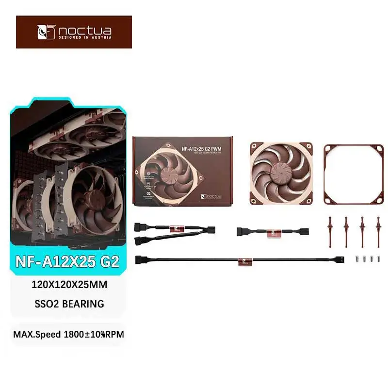 

Флагманские вентиляторы корпуса NOCTUA NF-A12x25 G2 12 см.Высочно оптимизированные кривые P/Q etaPERF. ™ двигатель с NE-FD6 PWM IC 120x120x25MM
