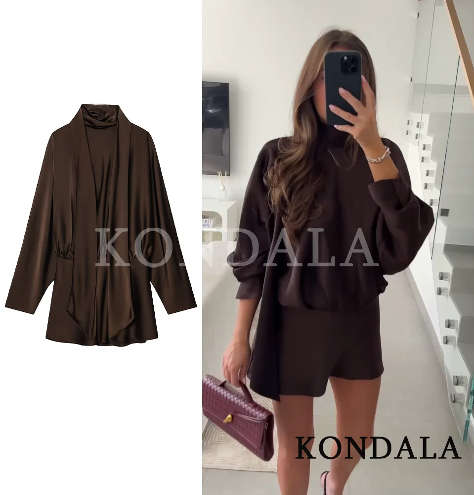 KONDALA elegante bufanda vestido de satén con cuello mujer café marrón Vestido corto de manga larga 2026 Primavera Verano moda vestido de fiesta para mujer