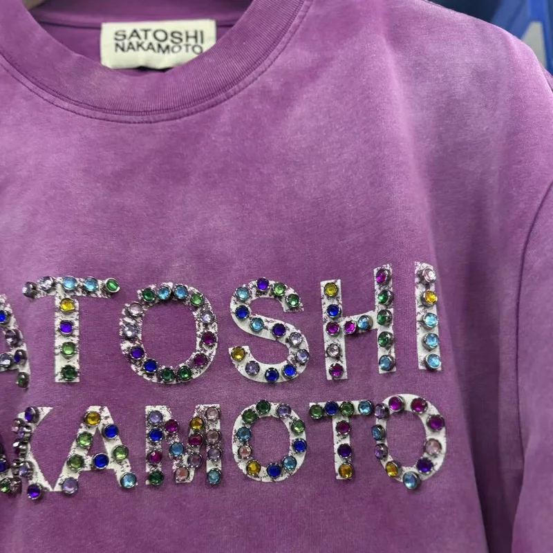 Satoshi Nakamoto Tee Classic Washed Distressed Short Sleeved T-shirt High-quality Rivet Decoration Tops New Clothes Stock