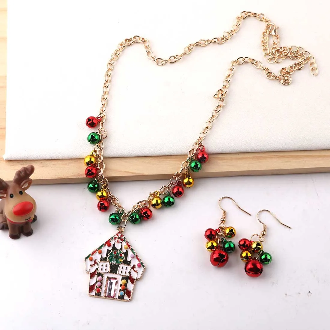 Christmas Jewelry Set Women Enamel Gingerbread House Necklace Earrings Colorful Bell Charm Gold Chain Xmas Party Accessory Gift