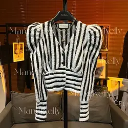 Vintage Striped V Neck Tops Tees Spring New Thin Long Sleeve Slim All-match Button Short Cardigan Fashion Trend Women Clothing