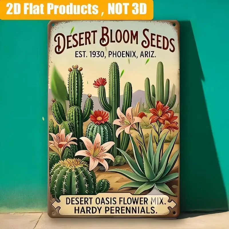 2D Flat Desert Bloom Seeds Vintage Metal Tin Sign - Retro Cactus Flower Design, Iron, Home/Office/Desert Decor, 1930 Phoenix Ari