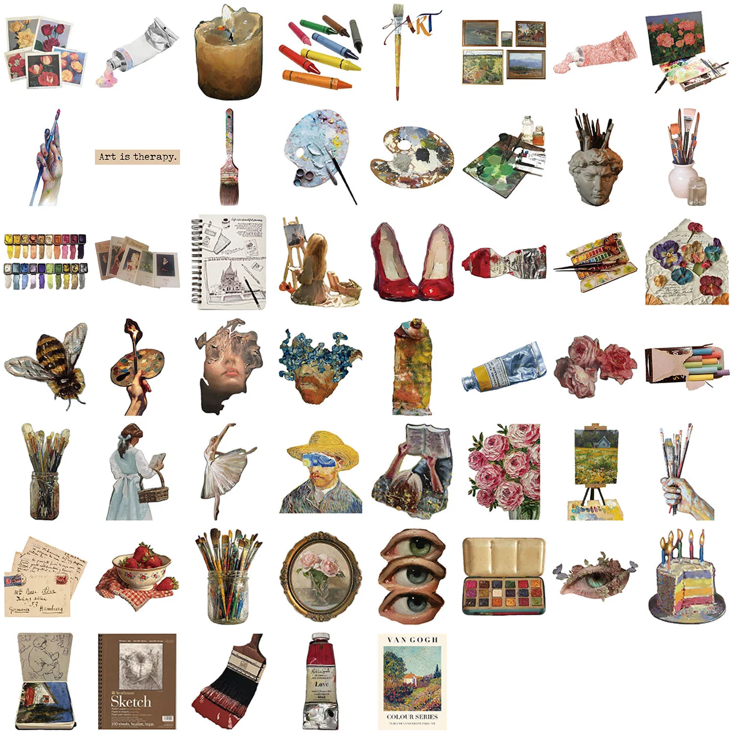 50 PCS Retro Ins Style Painting Art Graffiti Stickers Decorate Luggage Art Book Fridge Window Stationery Waterproof Decals