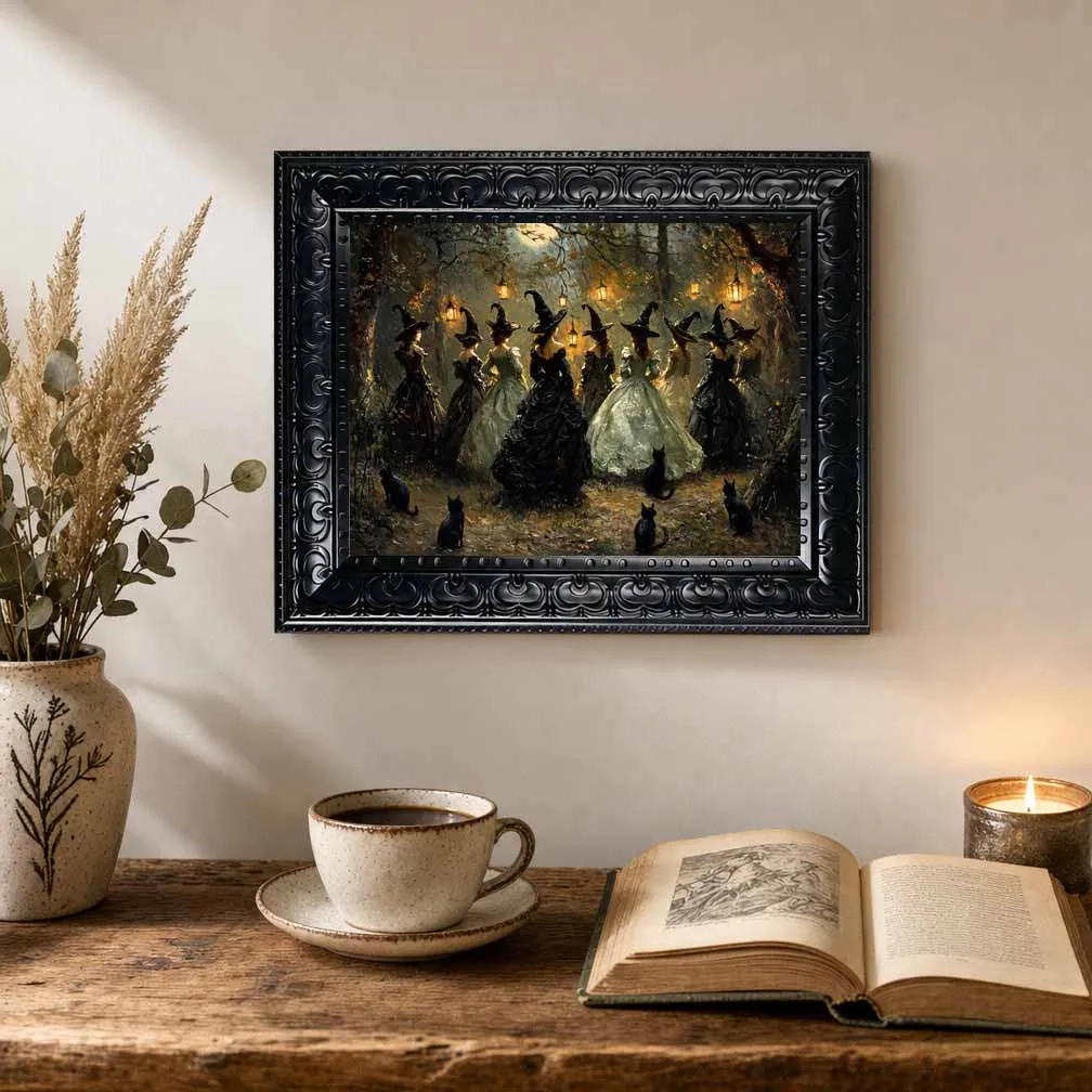 Halloween Wall Art, Framed Canvas Wall Art Gothic Witches Gathering Forest Print for Dark Academia Spooky Home Room Decor