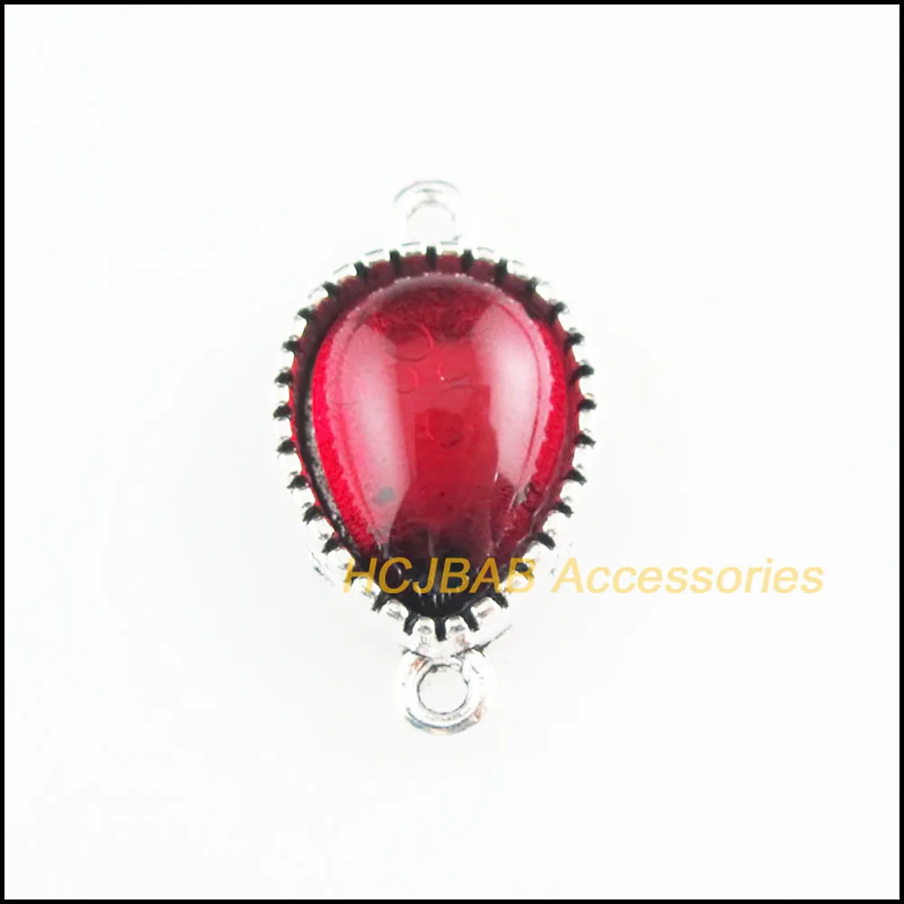 8Pcs Tibetan Silver Tone Flower Teardrop Red Glaze Charms Connectors 13x23mm HCJBAB