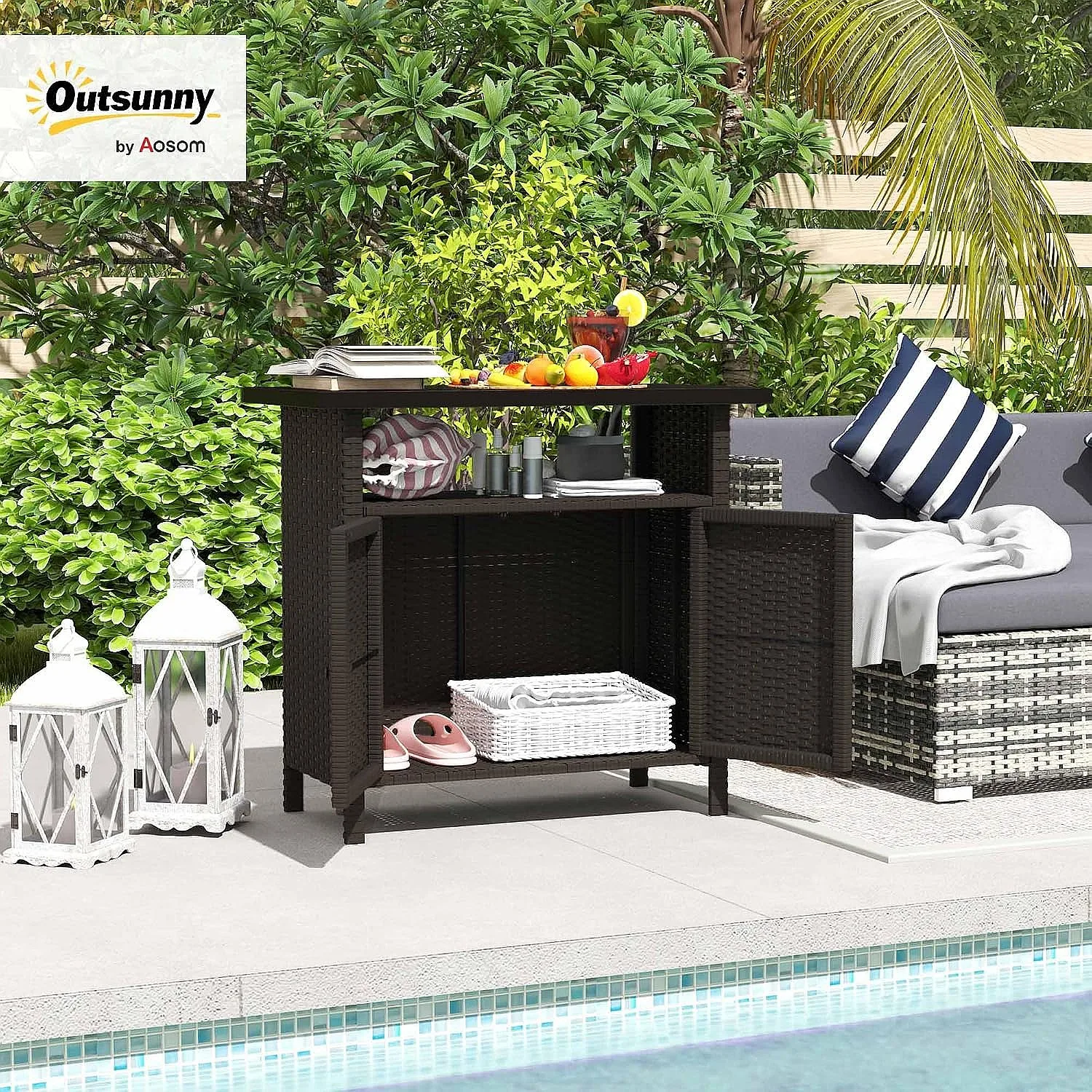 Outsunny Wicker Outdoor Storage Cabinet with 2 Doors Shelf Rattan Bar Table Buffet Sideboard Metal Slatted Countertop Patio Dark Coffee
