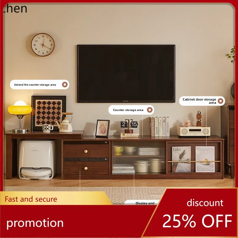 HXL Solid Wood Extendable TV Cabinet Coffee Table Floor-standing Extendable TV Cabinet Walnut Color