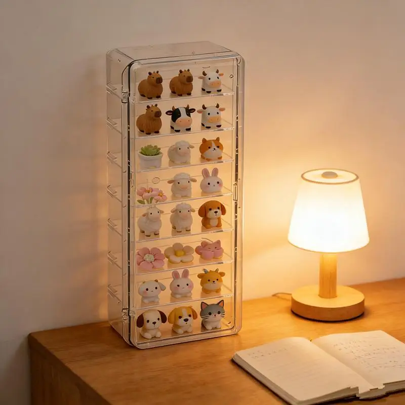 Mini Acrylic Display Stand Cute Particle Dustproof Flip Cover Figure Display Storage Box Desktop Organizer Jewelry Accessories
