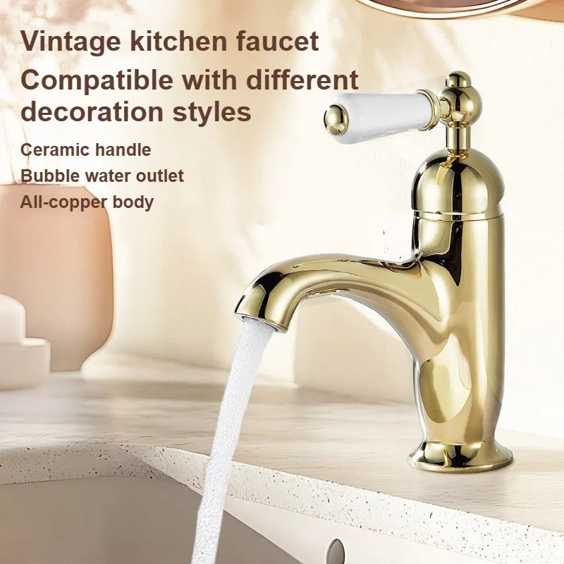 Retro Brass Single Handle Basin Faucet, Ceramic Handle Washbasin Tap Perfect for Bathroom Cabinets, Hot & Cold Water Mixing