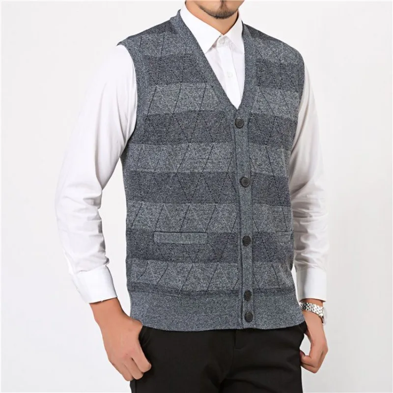 Middle-aged Elderly Men's Velvet Thickened Vest Sweater Vest Autumn Winter V-neck Cardigan Waistcoat Wool Knitted