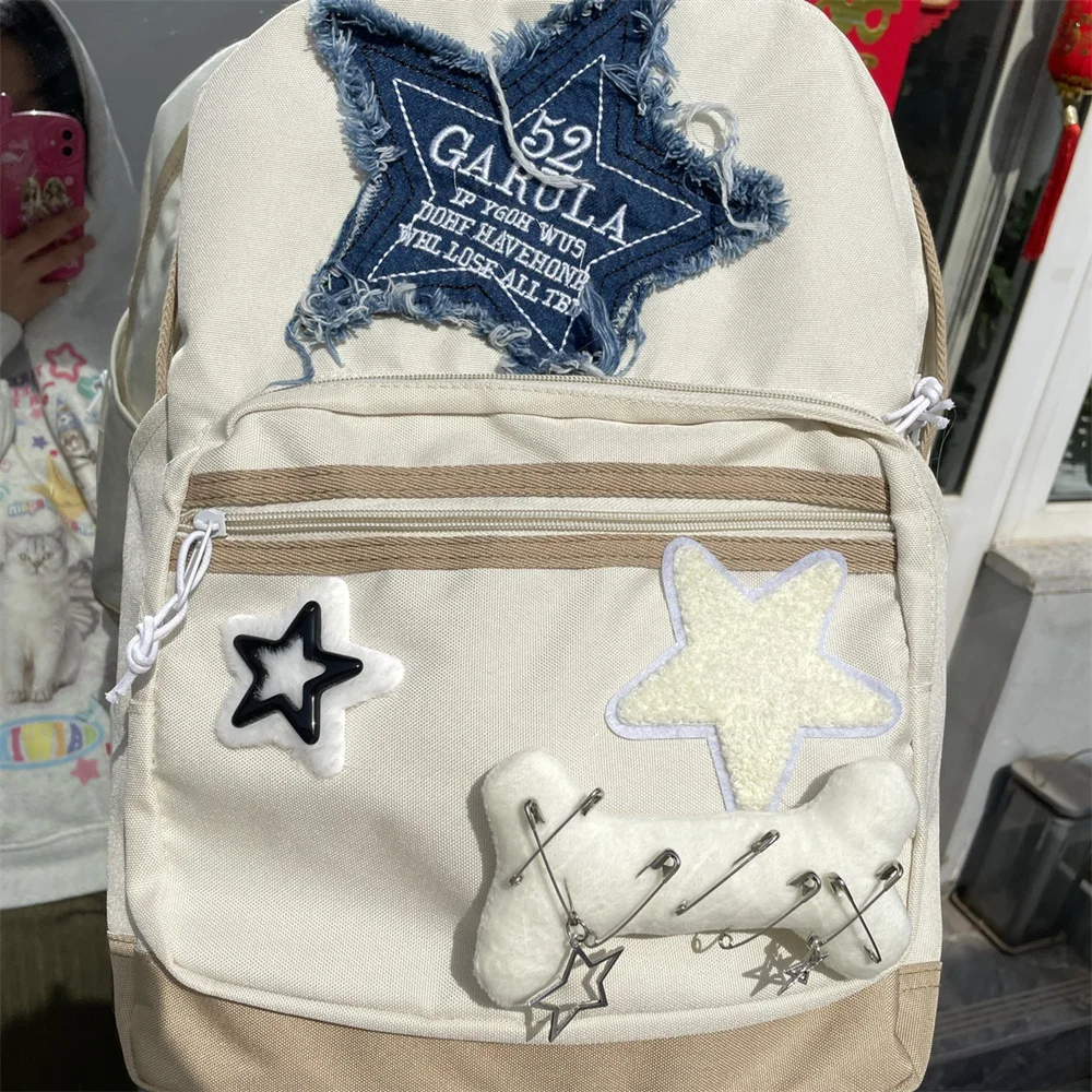 Fashion Denim Letter Star Girl Backpacks Sweet Casual Korean Schoolbag Y2k Aesthetic Contrast Color All Match Backpack Women