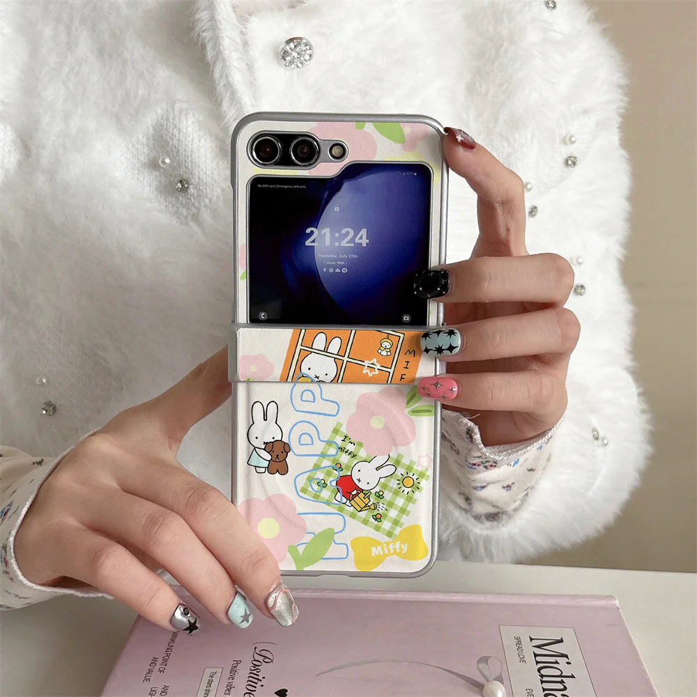 Korean Flower Miffy Rabbit Magnetic Phone Case for Samsung Galaxy Z Flip4 5 6 7 FE 7 Flip5 Flip7 Flip6 Fundas Cute Cartoon Cover