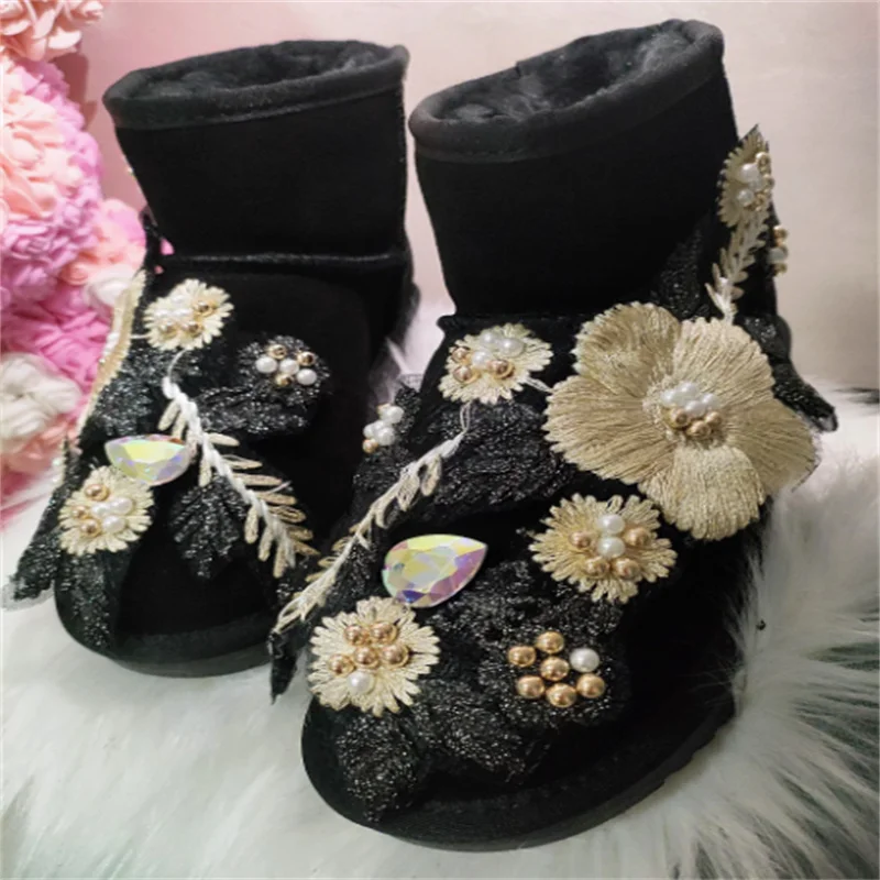 Hand-embroidered floral beaded white snow boots Custom fur One Black banquet wedding party plus-size women's cotton shoes 35-44