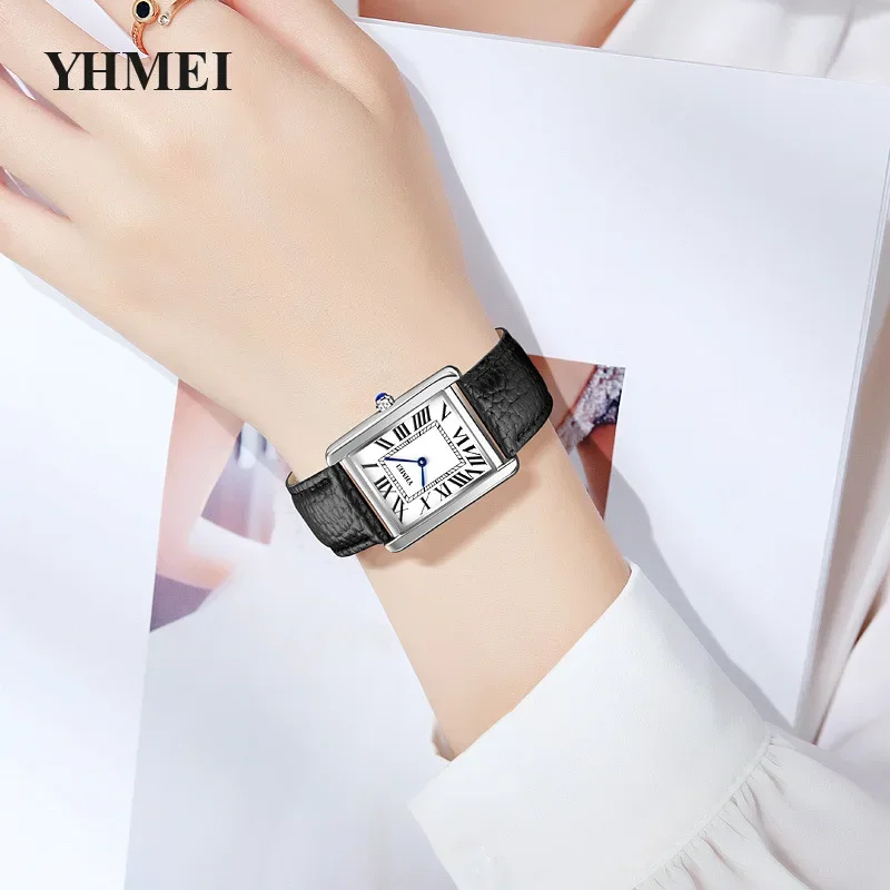 YHMEI Women Quartz Watch Rectangle Square Dial Watches Ladies Luxury Roman Numerals Numbers Wristwatch Classic Black White Clock